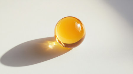 A translucent yellow oil droplet reflecting light, emphasizing its natural glow and fluid shape, on white.の素材