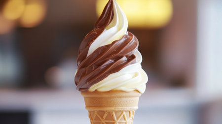 A classic chocolate and vanilla soft serve cone with a smooth, glossy swirl, perfectly placed against white.の素材