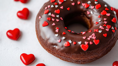 A close-up of a mouthwatering chocolate donut, covered in tiny red heart sprinkles, perfectly placed on a white background.の素材