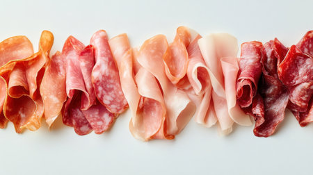 A neatly arranged selection of deli meats, including thinly sliced ham, salami, and prosciutto, isolated on a clean white surface.の素材