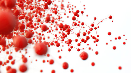A digital rendering of red virus particles magnified, symbolizing disease transmission and medical science, alone on a white background.の素材