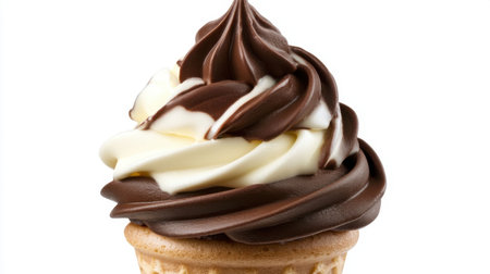 A classic chocolate and vanilla soft serve cone with a smooth, glossy swirl, perfectly placed against white.の素材