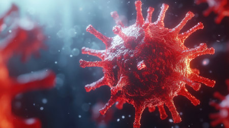 A detailed red virus model, glowing with intensity, isolated against a white background, emphasizing infectious disease awareness.の素材