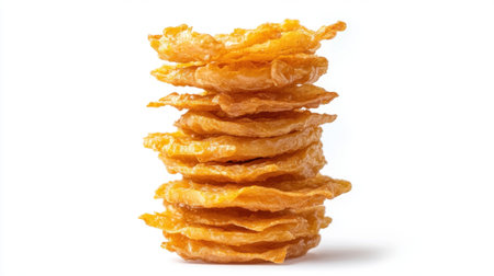 A stack of golden crispy onion rings with a crunchy texture and light, airy batter, isolated on a white background.の素材
