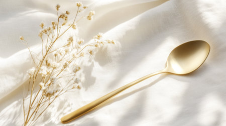 A modern golden spoon with a polished finish, symbolizing fine dining and elegance, perfectly placed on white.の素材