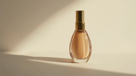 A single luxury foundation bottle with a golden cap, positioned perfectly on a clean white surface.の素材