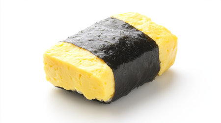 A single tamago egg sushi piece with a fluffy yellow omelet wrapped in nori, beautifully isolated on a white background.の素材