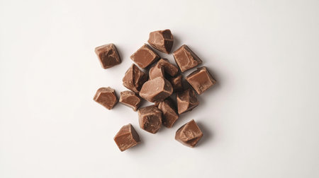 Crumbled chunks of creamy milk chocolate with a smooth surface and deep brown color, scattered on a white background.の素材