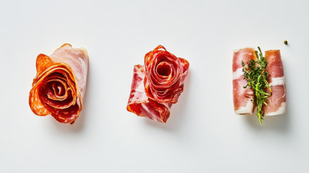 Premium deli meats, including rolled ham, stacked salami, and folded prosciutto, presented artistically on a bright white background.の素材