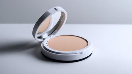 A single compact powder case with a minimalistic design, ideal for beauty and makeup concepts. White background.の素材