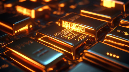 A close-up of gleaming gold bars with digital currency charts glowing in the background.の素材