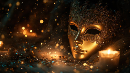 A golden mask with intricate details, resting among scattered confetti under warm, soft lighting, creating a festive ambiance.の素材
