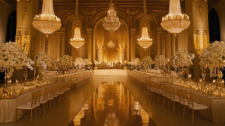 A dreamy golden-hued interior setting with shimmering sparkles, evoking warmth and elegance for event or design concepts.の素材