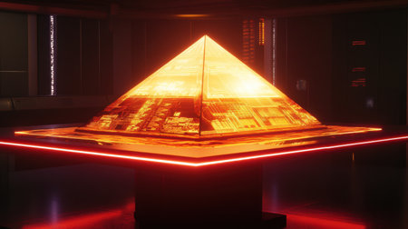 A luminous pyramid hovering above a digital table, reflecting stock market trends and futuristic investment insights.の素材