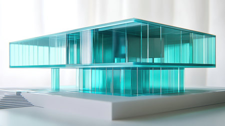 A conceptual 3D house model featuring sustainable design, glass exteriors, and an artistic blue display.の素材