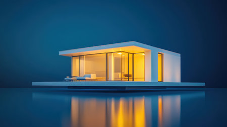 A detailed scale model of a minimalist house, floating above a deep blue background, emphasizing sleek, smart architecture.の素材
