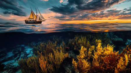 A dramatic ocean scene with a ship sailing at dusk, revealing a hidden underwater world of vibrant sea plants.の素材