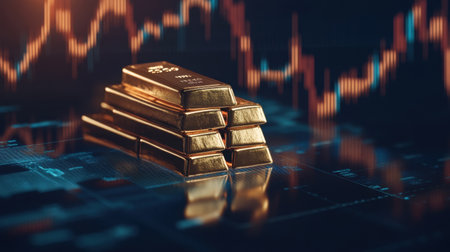 A financial composition featuring stacked gold bars on a dark digital background with fluctuating stock charts.の素材