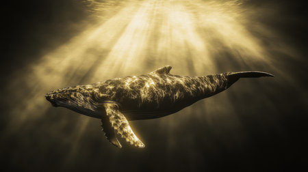 A peaceful underwater scene of a massive humpback whale, illuminated by golden beams of sunlight.の素材