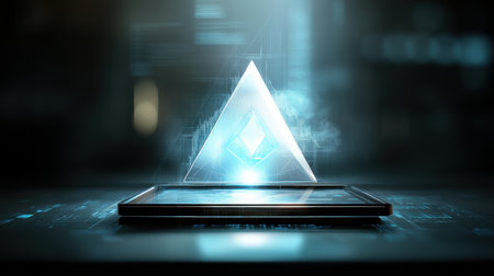 A luminous pyramid hovering above a digital table, reflecting stock market trends and futuristic investment insights.の素材