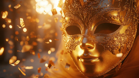 A golden mask with intricate details, resting among scattered confetti under warm, soft lighting, creating a festive ambiance.の素材