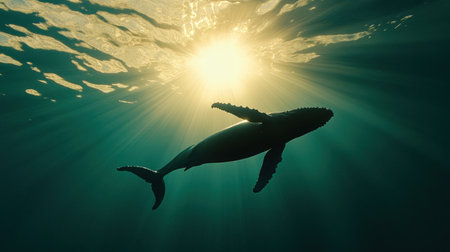 A serene ocean view with a humpback whale swimming peacefully, its body silhouetted against the sun rays.の素材