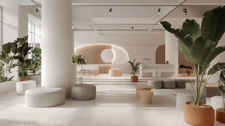 A contemporary interior with neutral gray seating, minimal decor, and an abundance of greenery, creating a peaceful atmosphere.の素材