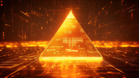A sci-fi-inspired golden pyramid, integrated with AI-powered data screens in an advanced business environment.の素材