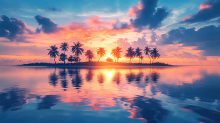 A dreamy tropical escape with lush palm trees, a calm blue ocean, and a vibrant sunset reflecting on the water.の素材