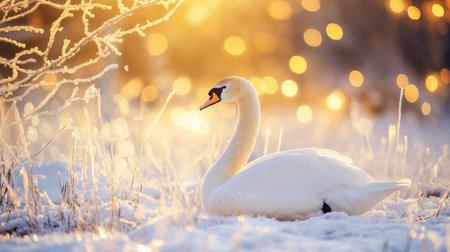 A peaceful swan in a winter setting, with delicate ice crystals forming on its feathers and golden bokeh in the background.の素材
