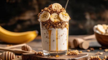 A rustic kitchen setting with a delicious yogurt parfait featuring layers of granola, banana, and honey drizzle.の素材