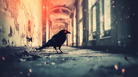 A supernatural raven with glowing crimson eyes, illuminated by a ghostly aura in an ancient, crumbling hallway.の素材