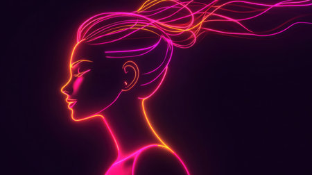 An abstract glowing background with vibrant neon streaks and a stylized female profile in silhouette.の素材