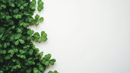 Lush green clover leaves forming a perfect border around a bright empty space, ideal for seasonal promotions.の素材