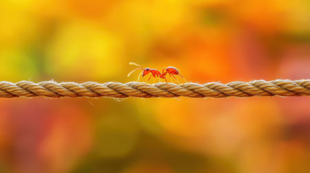 A delicate ant making its way across a suspended rope, blending nature and surrealism.の素材