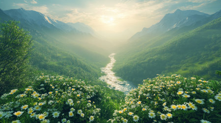 A utopian vision of Earth in 2026, where nature and technology harmoniously coexist under soft misty sunlight.の素材