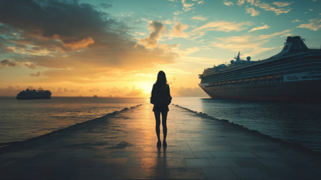 A solo female traveler standing before a docked cruise ship, embracing the thrill of travel.の素材