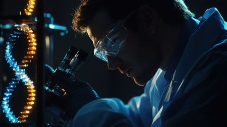 Close-up of a researcher using a futuristic DNA analyzer with holographic data display.の素材