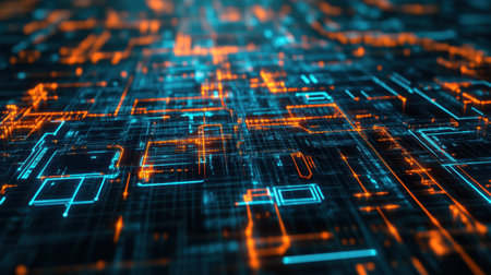 A futuristic digital background featuring a glowing teal and orange color scheme with complex fractal patterns.の素材