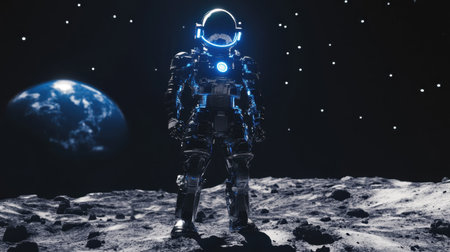 A sleek futuristic android standing on a moon base, admiring Earth bright city lights in the cosmos.の素材