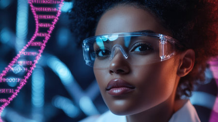 Close-up of a researcher using a futuristic DNA analyzer with holographic data display.の素材