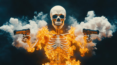 Action-packed scene of a skeleton wielding dual guns, creating a cinematic shootout atmosphere.の素材