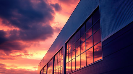 A cutting-edge industrial building with glassy exteriors, glowing in warm sunset hues beneath dramatic cloud formations.の素材