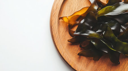 A close-up of vibrant, glossy seaweed carefully placed on a round wooden serving board, against white.の素材