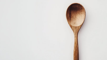 A handcrafted wooden spoon with visible wood grain and a warm, organic tone, isolated on a white background.の素材