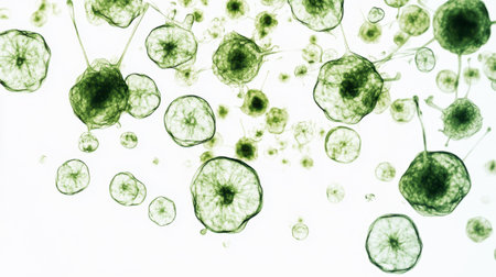 Digital visualization of green virus cells magnified under a microscope, representing disease research and microbiology, alone on a white background.の素材