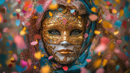 A close-up of an intricate golden mask surrounded by colorful confetti, capturing the spirit of carnival and elegance.の素材