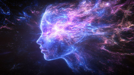 A luminous digital art piece featuring deep purple and electric blue lights highlighting a futuristic female face outline.の素材