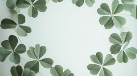 Fresh, vibrant green clover leaves arranged in a natural frame, leaving a clean center for text or design elements.の素材