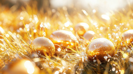 A surreal scene of glowing golden eggs scattered on soft yellow grass, perfect for Easter or financial success themes.の素材